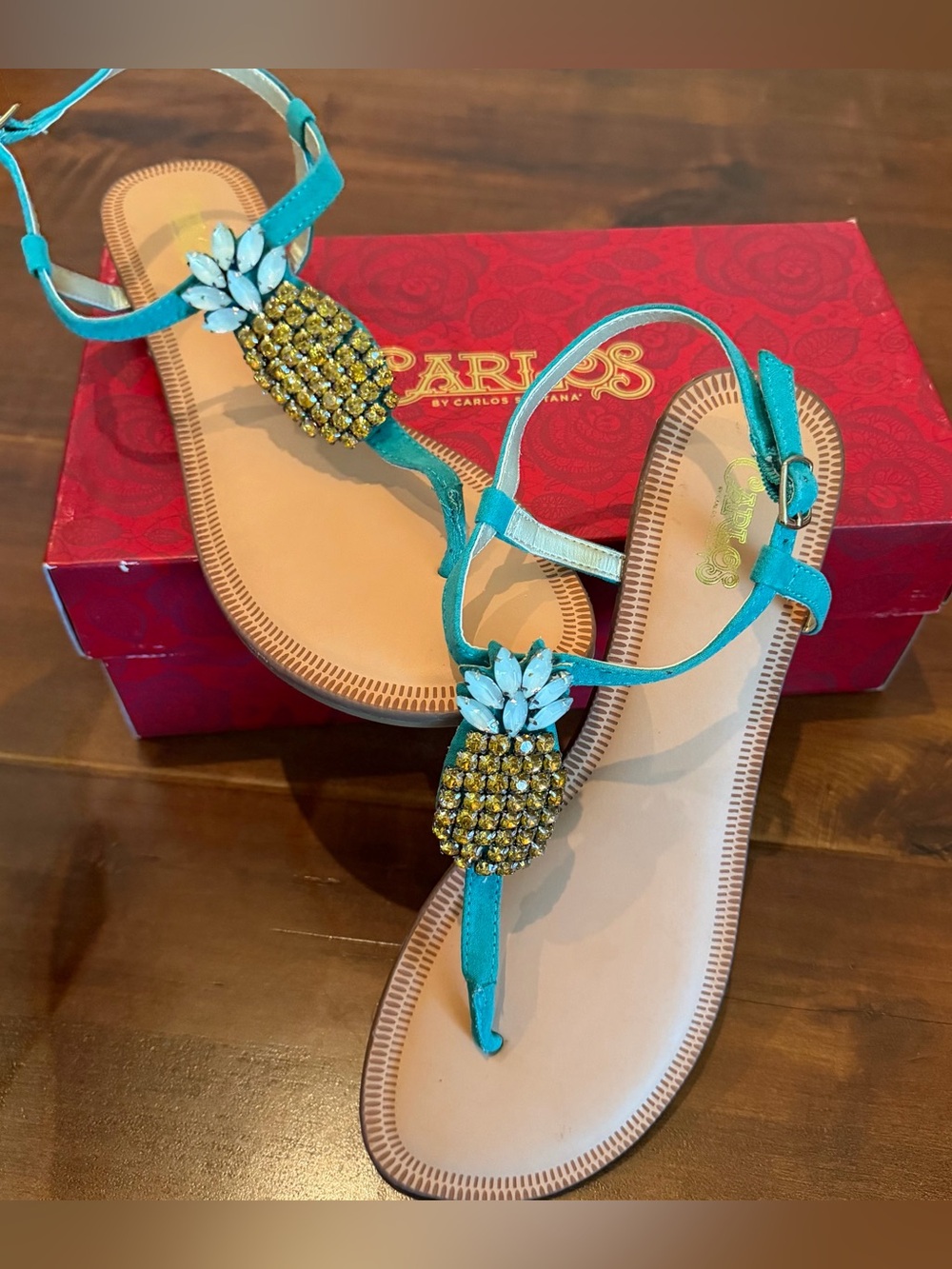Carlos by Carlos Santana Turquoise Pineapple Jeweled T-Strap Sandals